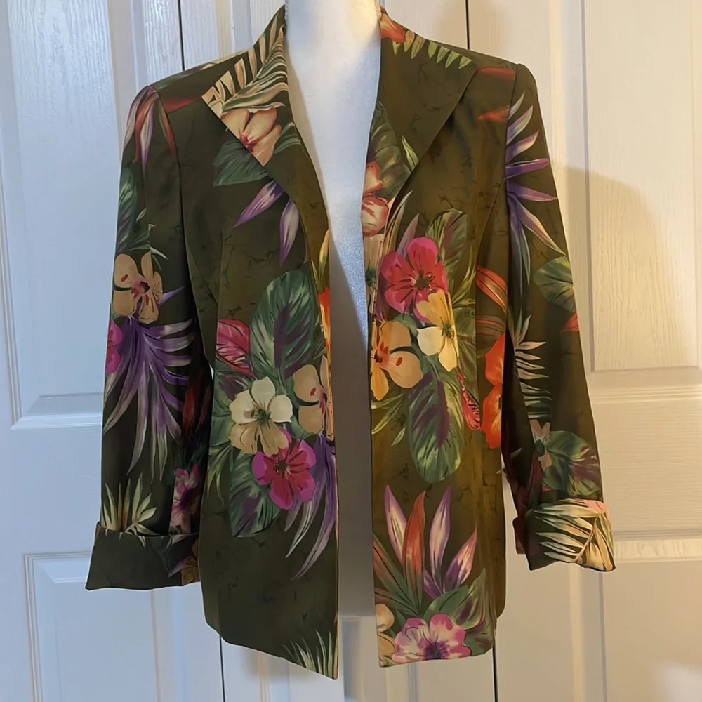 Peck & Peck Collection Women’s SZ 14 Floral Olive Open Front Silk Blend Blazer - Picture 13 of 13